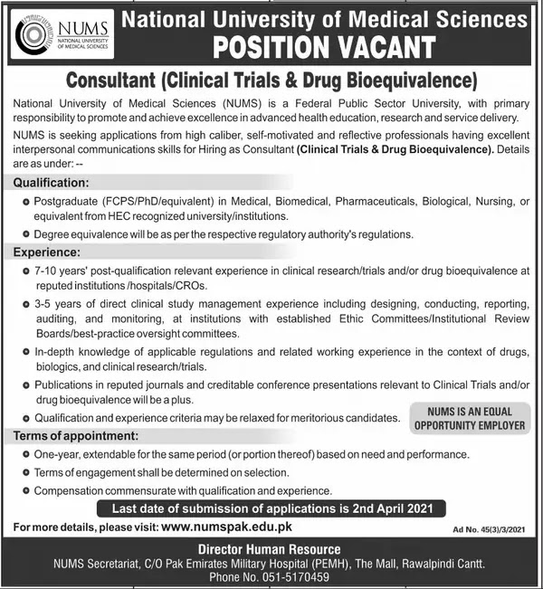 National University of Medical Sciences NUMS Jobs 2021
