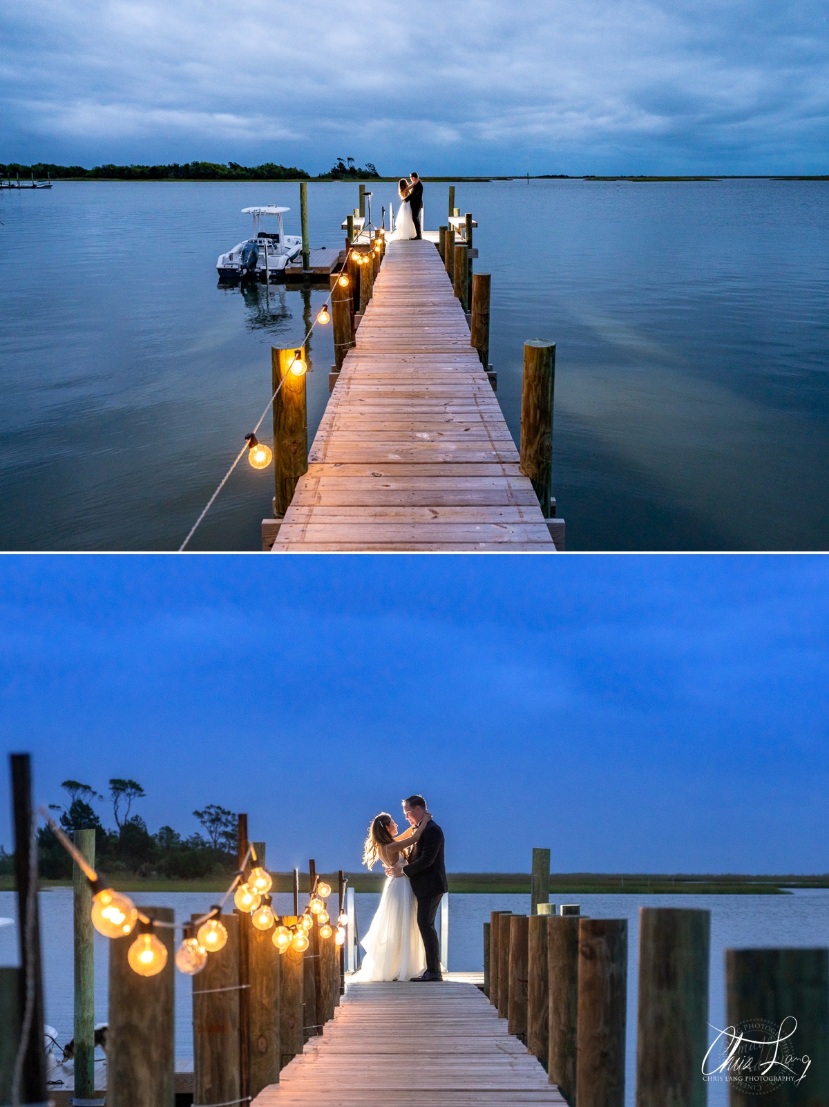 twilight wedding photos  - sunset phots of bride and groom on the intercostal waterway - Wilmington NC - coastal weddings - bride - groom - wedding dress - chris lang photography