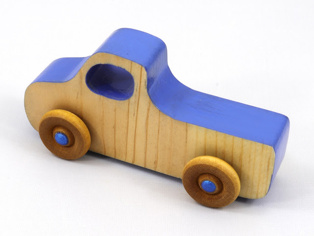 Handmade Wood Toy Pickup Truck from the Play Pal Series Blue Two Tone Body With Metallic Blue Hubs