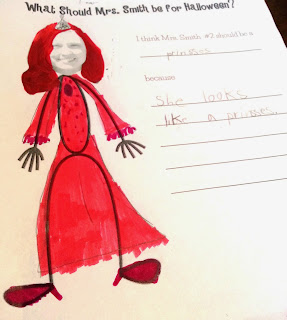 A super fun and FREE art activity for October! Students decorate a picture of their teacher to show "What Should My Teacher be for Halloween" Super easy project that kids love!