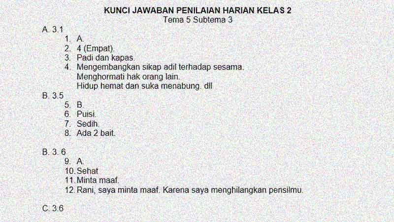 Soal Penilaian Harian Kelas 2 Tema 5 Subtema 3 dan Kunci
