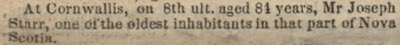 "Died - Joseph Starr," Acadian Recorder, 15 Aug 1840, p. 3, col. 1; digital images, Nova Scotia Archives (https://archives.novascotia.ca/ : accessed 19 Oct 2019), Nova Scotia Historical Newspapers.