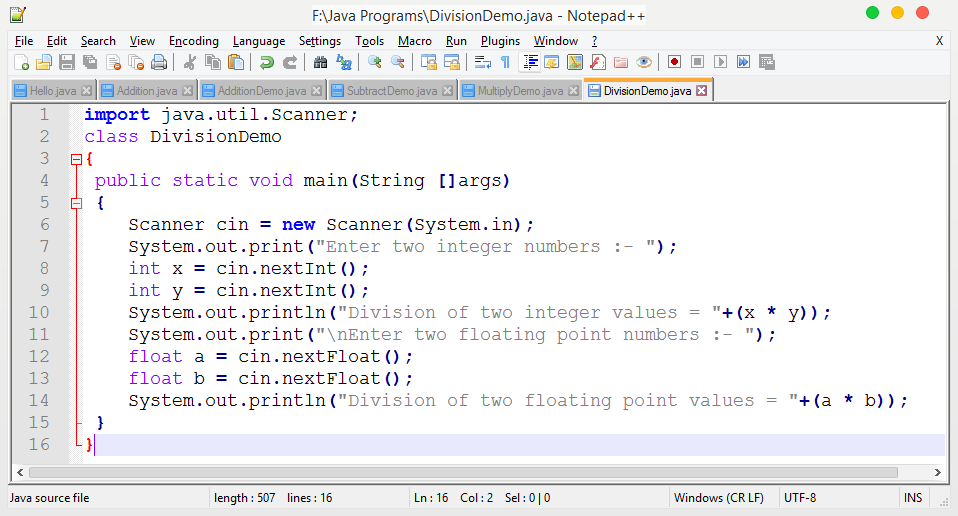 Program in Java to Divide two numbers
