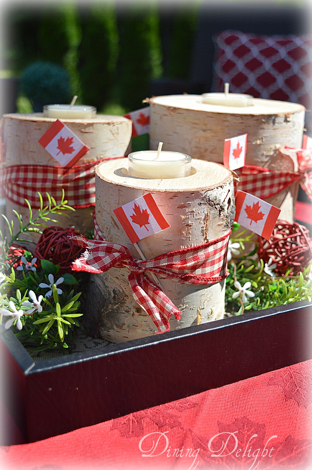Dining Delight Canada Day Birch Log Centerpiece