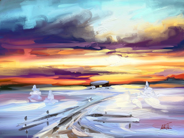 Winter evening digital landscape painting by Mikko Tyllinen