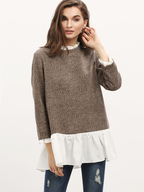 SHEIN Contrast Frill Neck And Hem Sweater 20% OFF