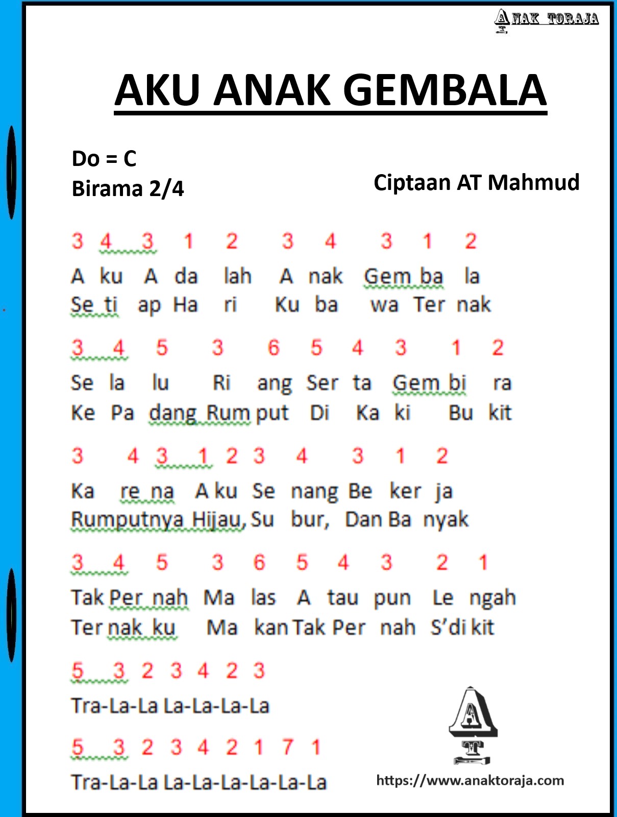 Not Angka Aku Anak Gembala - Lagu Anak-anak