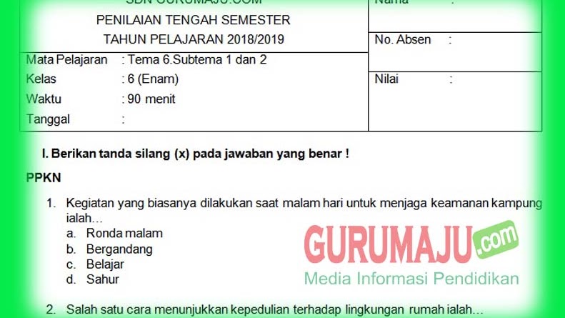 Soal Uts Pts Kelas 6 Semester 2 Kurikulum 2013 Revisi 2018 Guru Maju