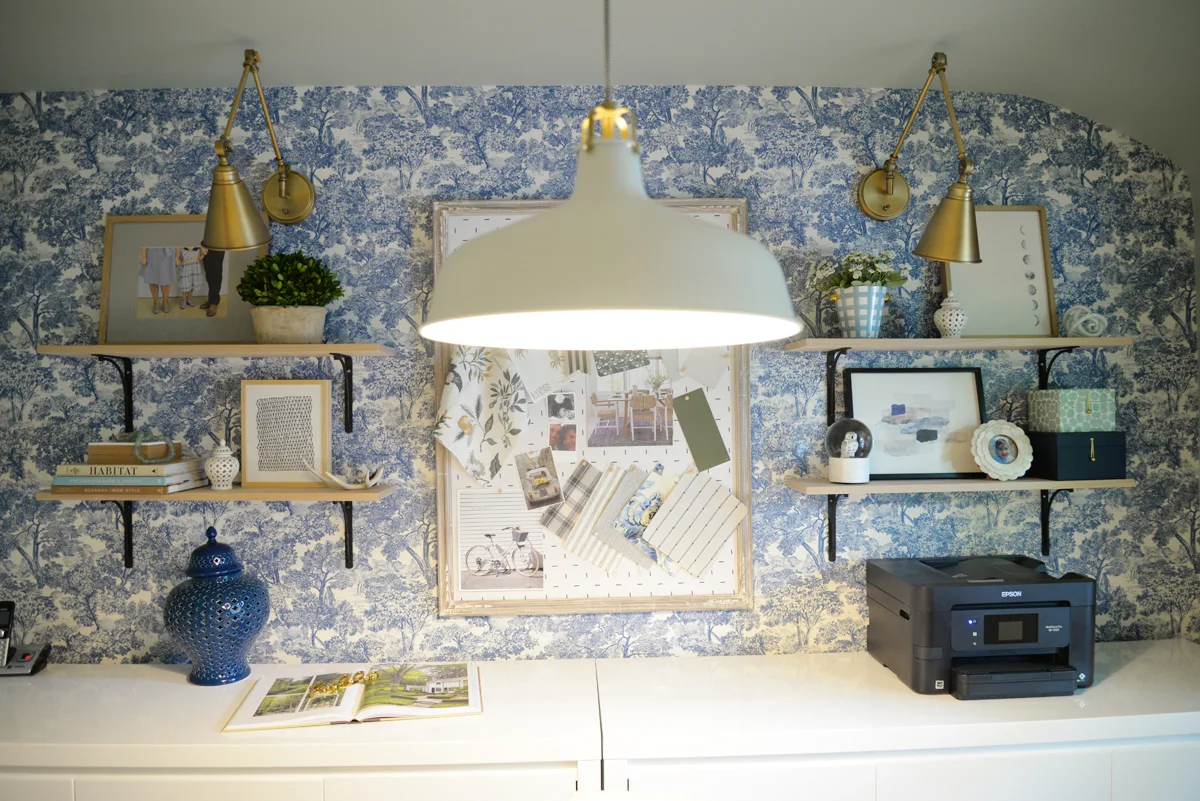 feminine home office, modern traditional office, floating shelves, Rambling Renovators, wallpaper and brass sconces