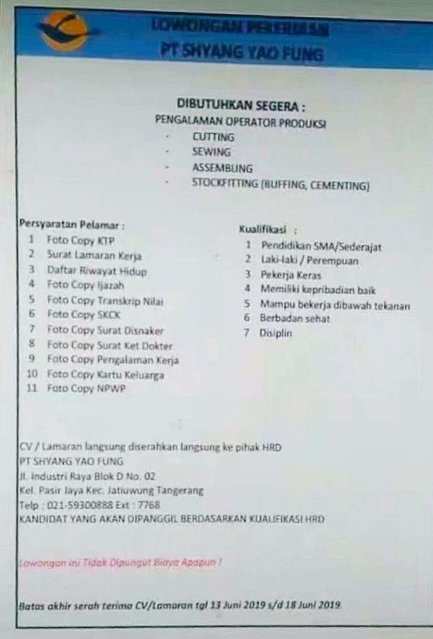 Lowongan Kerja Pt Shyang You Fung 2020 Kawasan Jatake 2021