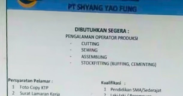 Lowongan Kerja Pt Shyang You Fung 2020 Kawasan Jatake 2021