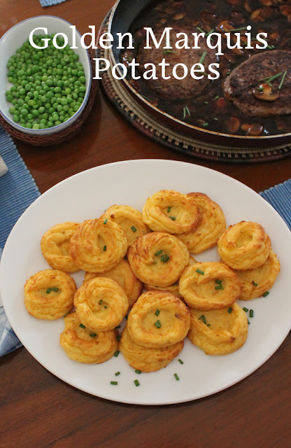 Food Lust People Love: Golden Marquis Potatoes are food fit for royalty. Butter, cream and several rich egg yolks are added to tender mashed potatoes and piped into hollow rosettes, which are then baked till golden. These are the fanciest potatoes that are easy to make.