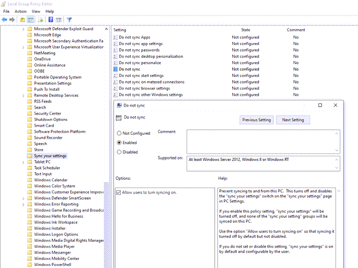 la stratégie de groupe active la synchronisation des paramètres de Windows 10