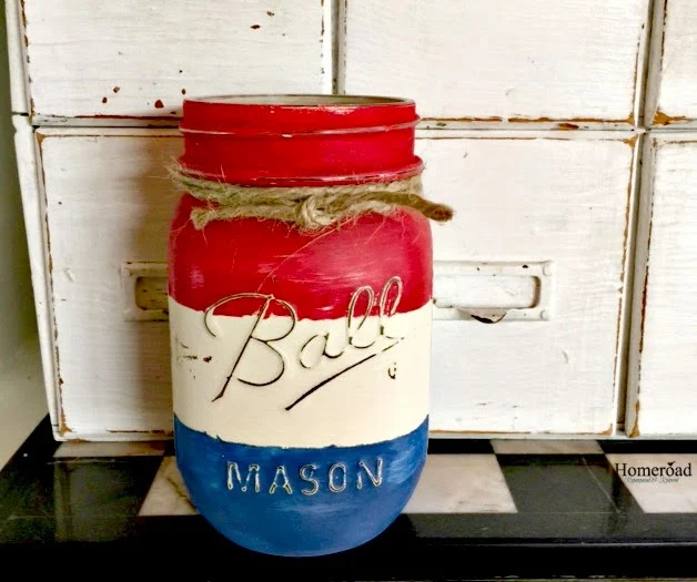 Red, white and blue painted mason jar