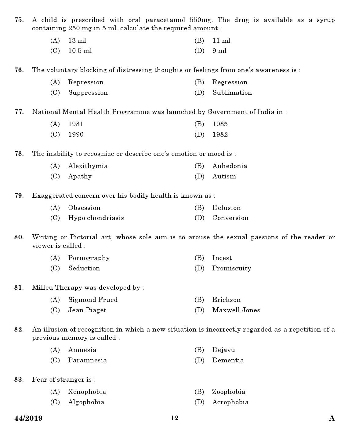  Kerala PSC Nurse Grade II  Kerala PSC Exam Previous Question paper 44/2019
