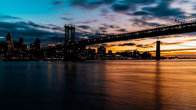Free wallpaper Sunset Bridge, Sea, buildings