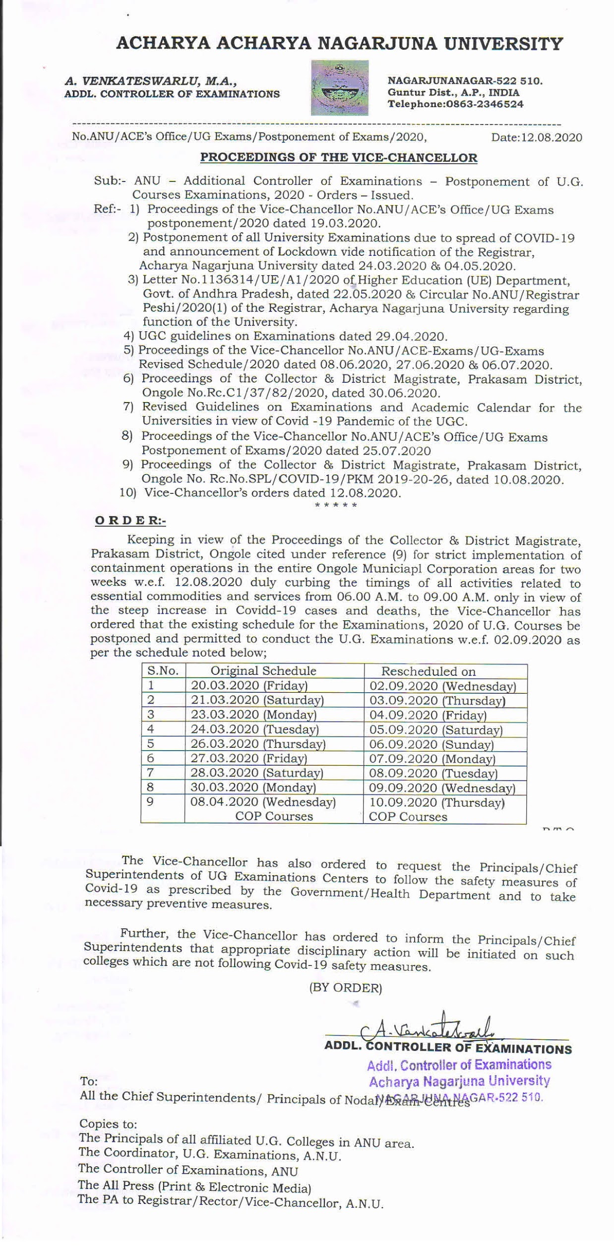 Acharya Nagarjuna University UG All Courses 2020 Exam Revised Time Table