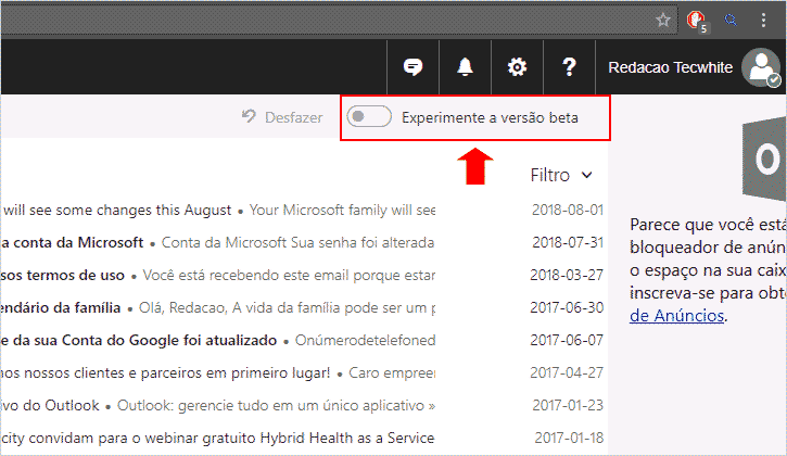 Acessando a versão beta do Outlook.com