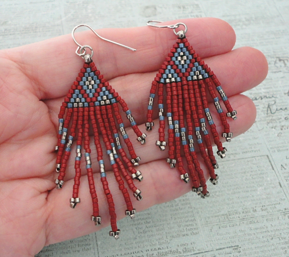 Linda's Crafty Inspirations Native American Fringe Earrings Red & Blue