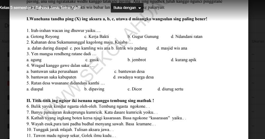 Soal Penilaian Harian K13 Kelas 5 semester 2 Bahasa Jawa Tema 7