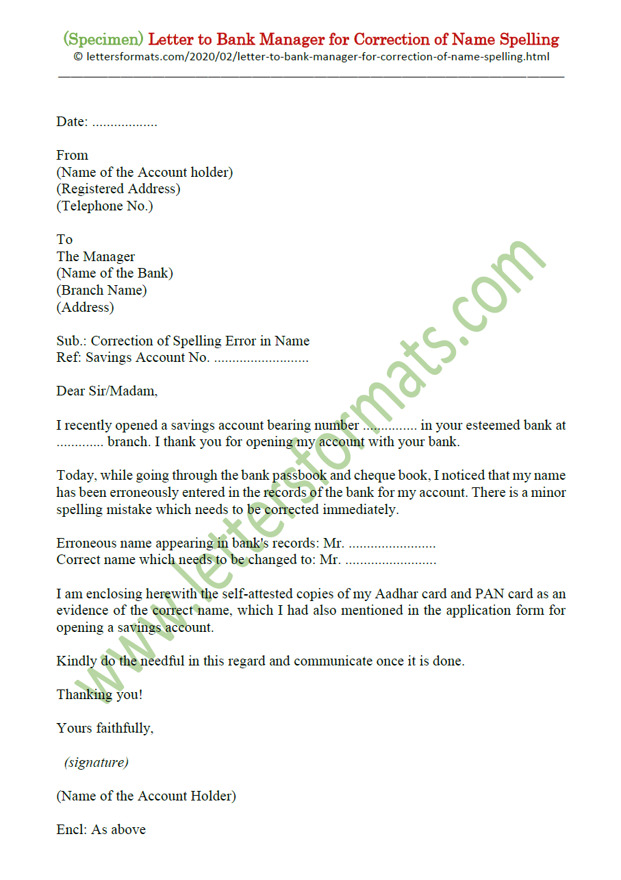 application letter to bank manager for correction of name