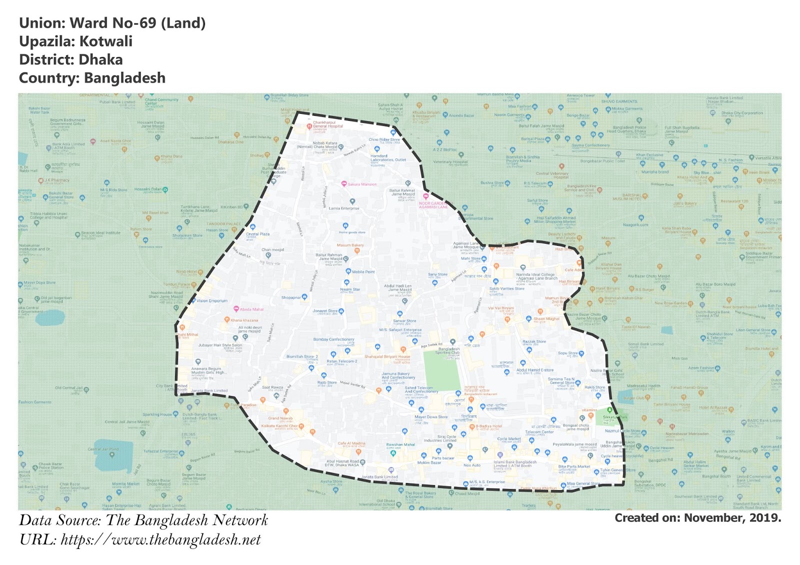 Map of Ward No-69 of Dhaka, Bangladesh.
