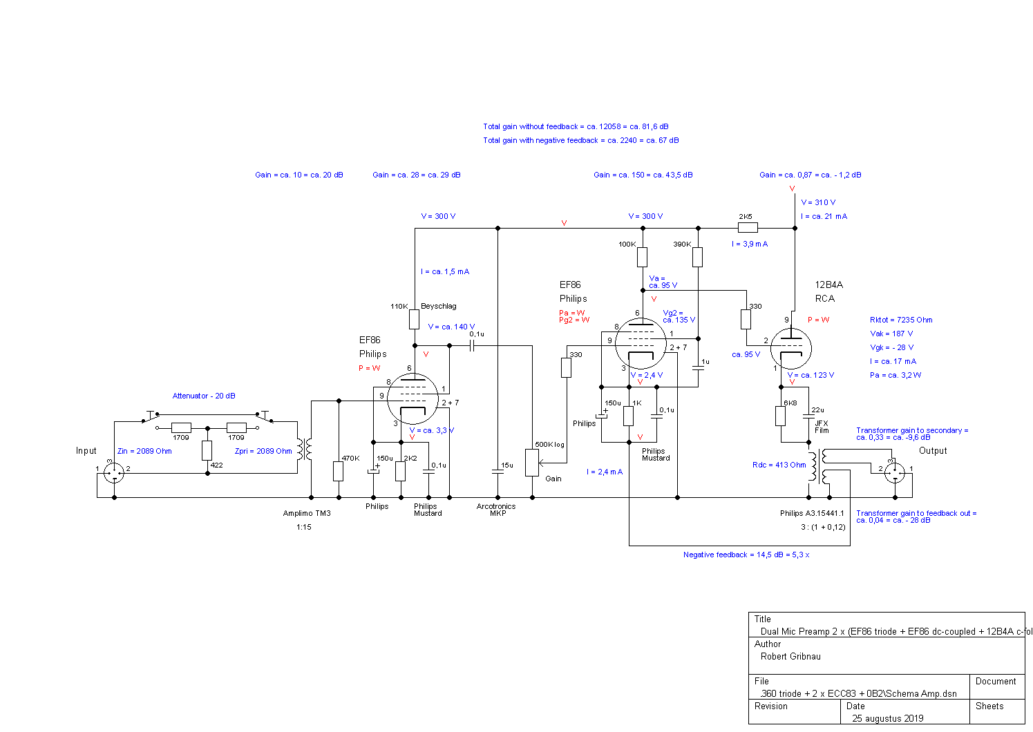 OTL800: Dual Mic Preamp 2 x (EF86 triode + EF86 dc-coupled + 12B4A c