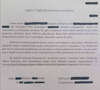 Kişisel verilerin korunması kanunu hakkında dilekçe örneği