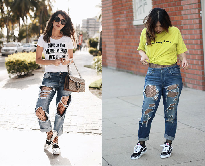 calça jeans rasgada com meia arrastão