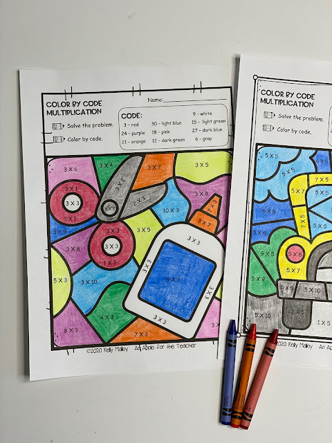 Back to School Color by Number Multiplication Worksheets school supplies