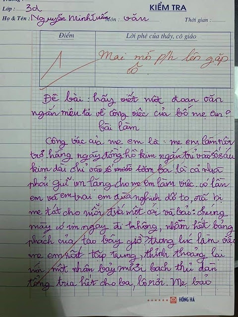 Bài văn tả công việc bố mẹ em của học sinh lớp 3 ở Hà Nội khiến dân mạng cười bò