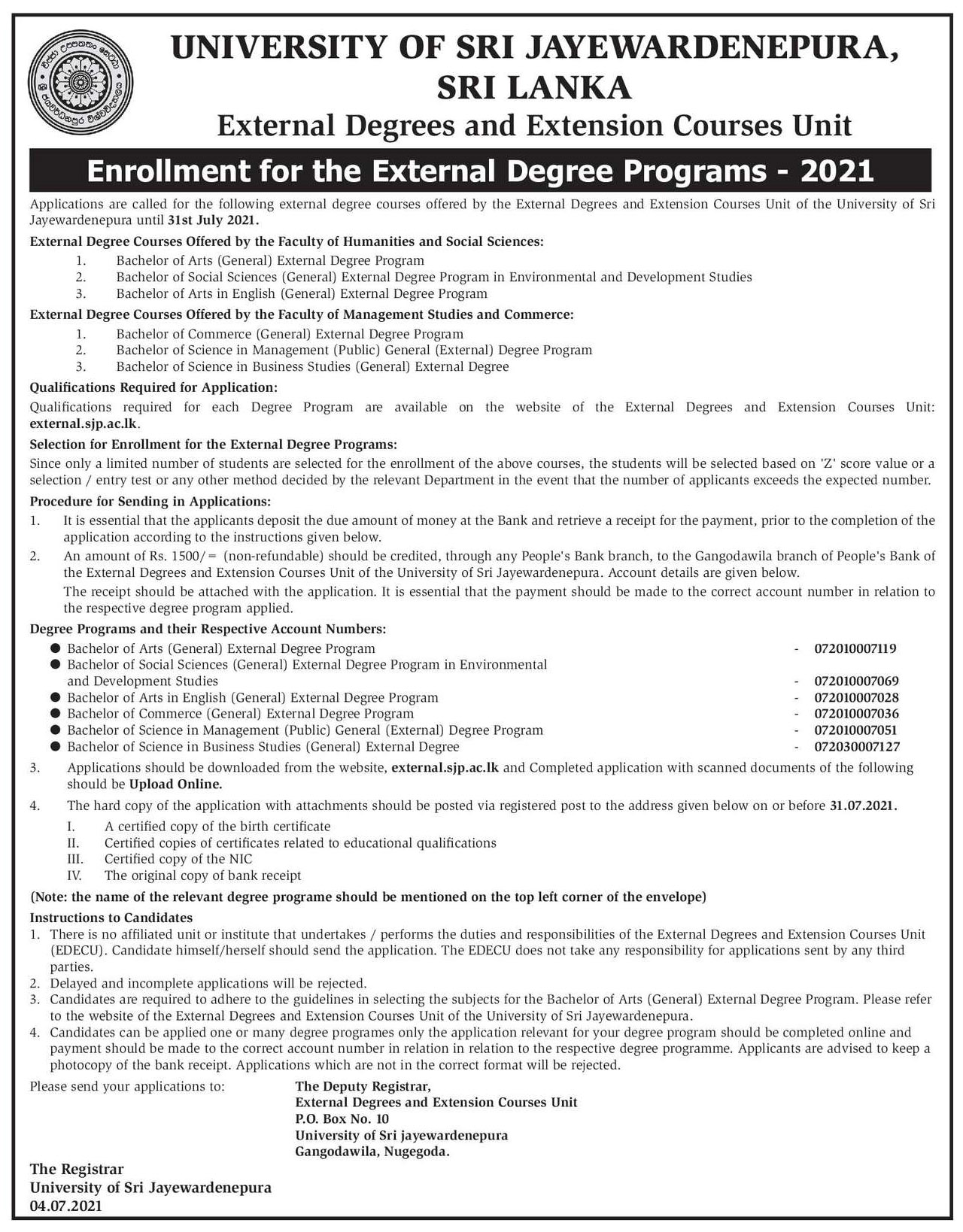 Jayewardenapura University External Degree 2021