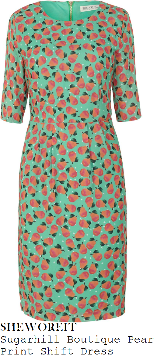 lorraine-kelly-sugarhill-boutique-green-peach-pink-and-white-pear-fruit-print-half-sleeve-shift-dress