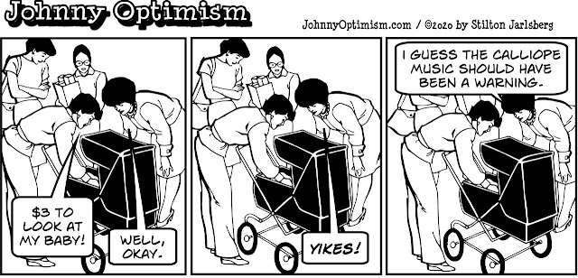 johnny optimism, medical, humor, sick, jokes, boy, wheelchair, doctors, hospital, stilton jarlsberg, baby, stroller, freak show, carnival, calliope