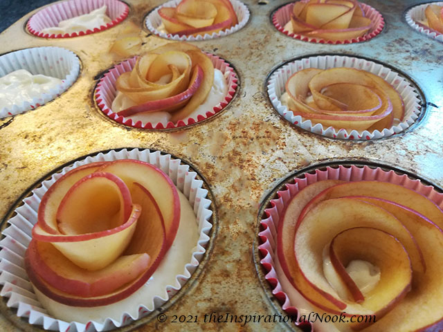 vanilla cupcakes in a cupcake tin, rose cupcakes, apple rose cupcakes, apple cupcakes, box cupcake hack,  no icing, no frosting, without frosting