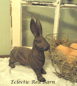 Eclectic Red Barn: Old window, bunny and wire basket