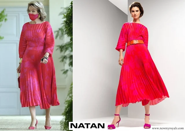 Queen Mathilde wore Natan red pleated dress