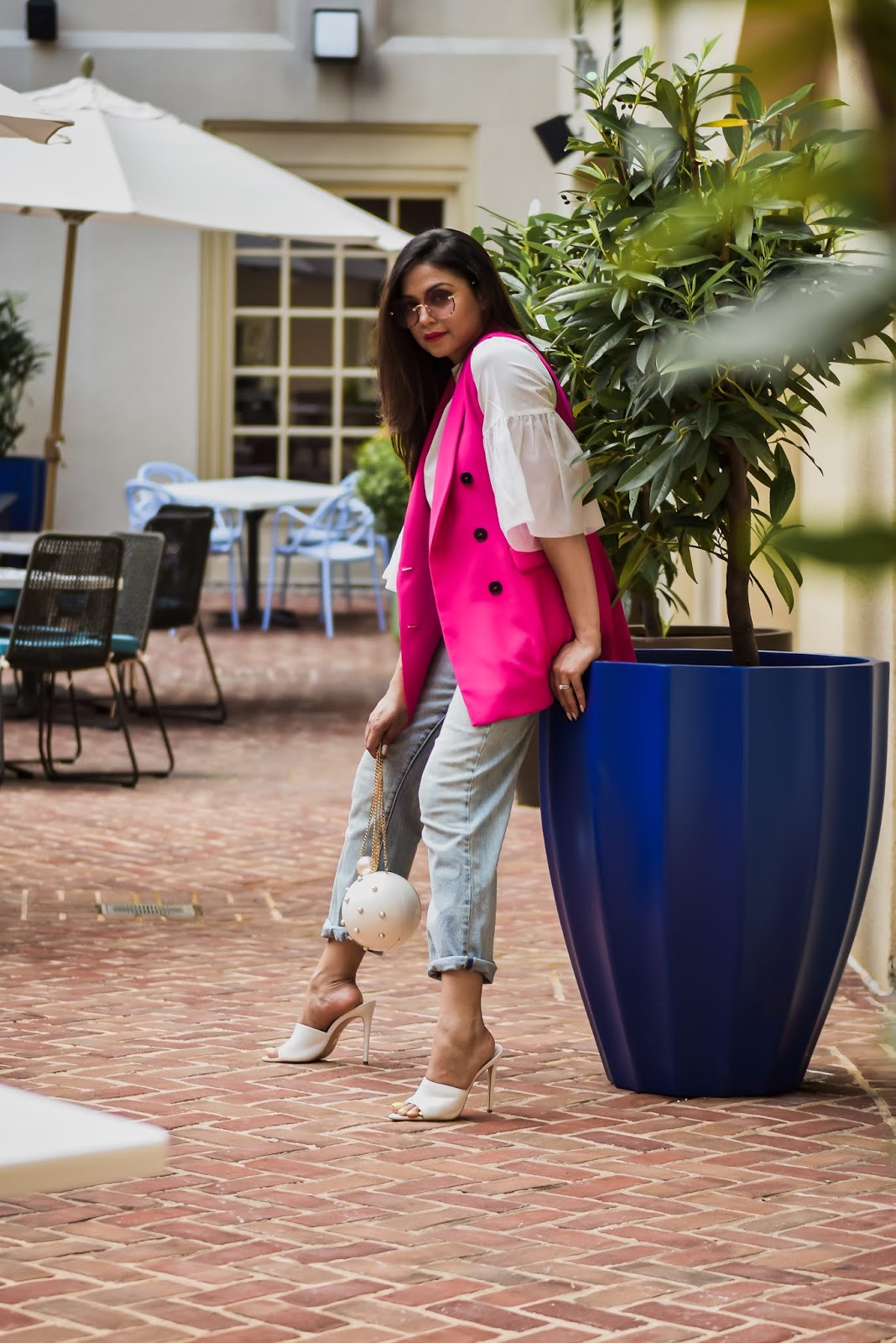 HOW TO STYLE A VEST two ways, pant suit, neon suit, pant wide leg, white ruffled blouse, fashion, street style, style inspiration, white mules, gucci marmont bag , myriad musings, saumya shiohare  