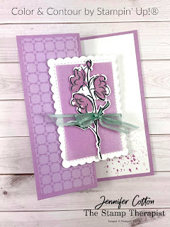 This purple fun fold card use Stampin' Up!'s Color & Contour Bundle (Color & Contour stamp set and Scalloped Contours Dies).  It also uses the new in colors Fresh Freesia and Soft Succulent (2021-2023), 2021-2023 In Color Shimmer Vellum, In-Color 6x6 Designer Series Paper Assortment, Wink of Stella, and Soft Succulent Open Weave Ribbon.  #StampinUp #InColor #StampTherapist #ColorandContour