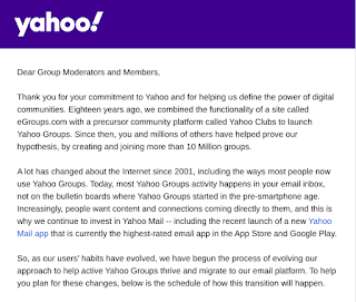Email from Yahoo regarding changes to Groups