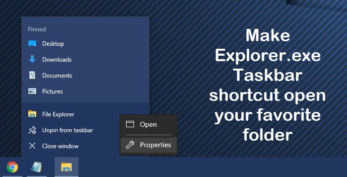 Maak Explorer.exe Taakbalk snelkoppeling open uw favoriete map