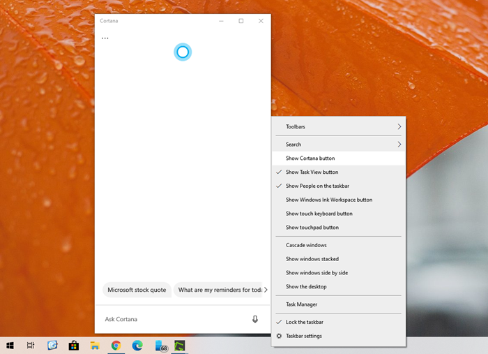 Отключить Cortana и окно поиска в Windows 10