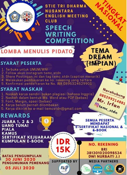 Lomba Menulis Pidato Nasional 2020 di STIE Tri Dharma Nusantara
Lomba Menulis Pidato Nasional 2020 di STIE Tri Dharma Nusantara