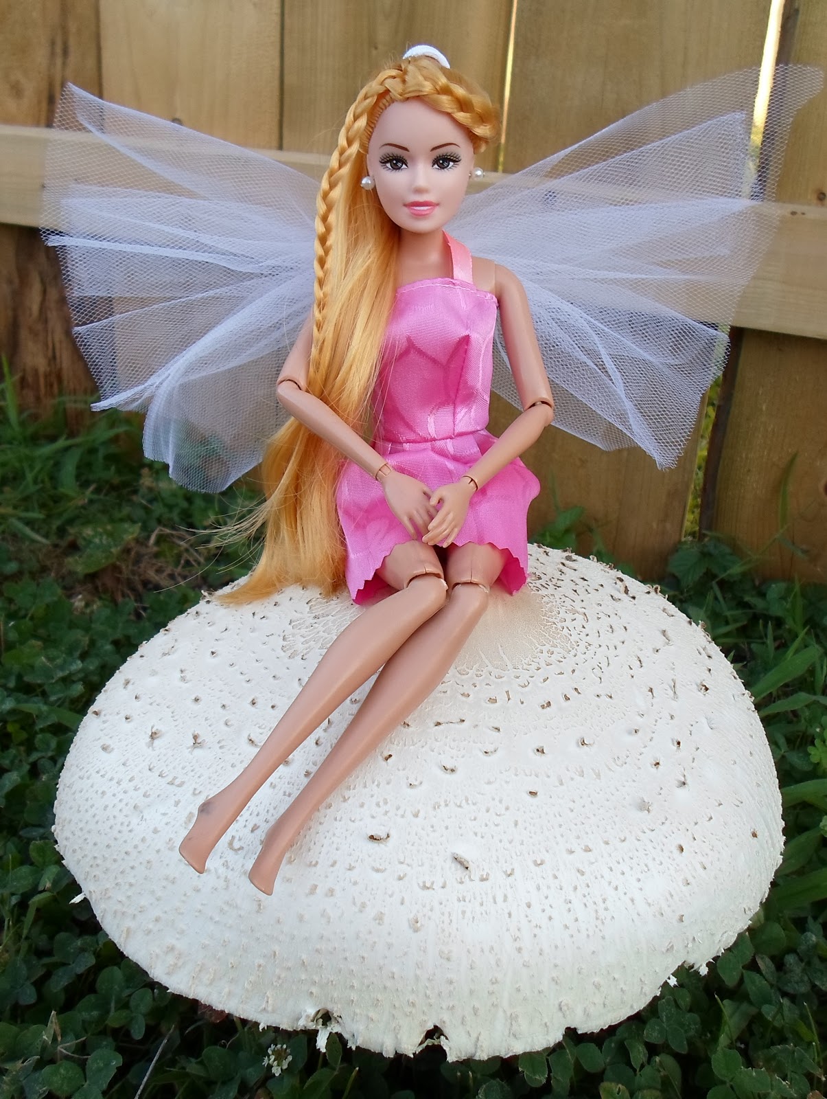 DIY Barbie Blog Fairy Garden Barbie Posing on Natural Mushroom