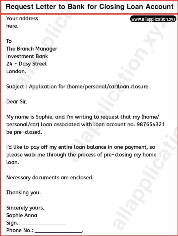 application letter for closing home loan
