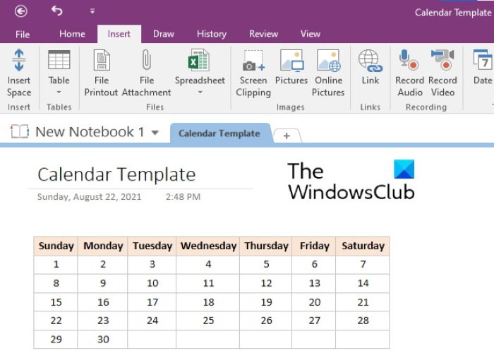 создать шаблон календаря в OneNote