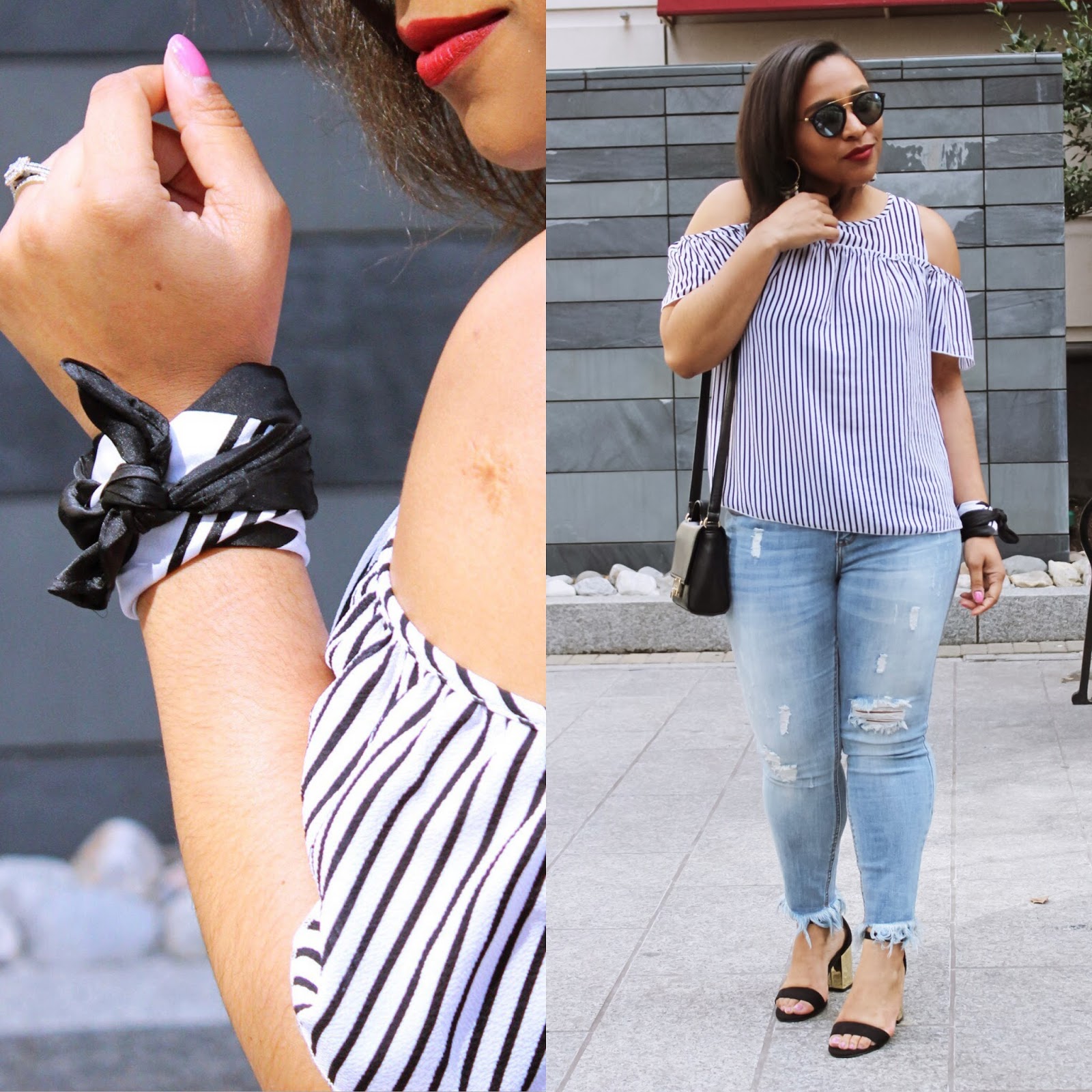 off the shoulder trend, off the shoulder top, stripes, blue, kapten and son sunglasses, block heels, trendy outfits, spring outfits, blue