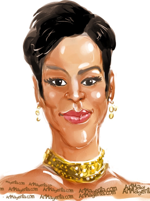 Rihanna caricature cartoon. Portrait drawing by caricaturist Artmagenta