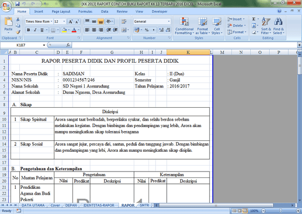 Aplikasi Buku Raport SD Kurikulum 2013 Format Microsoft