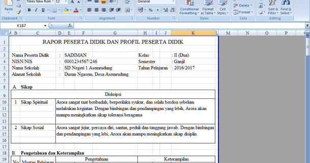 Aplikasi Buku Raport SD Kurikulum 2013 Format Microsoft